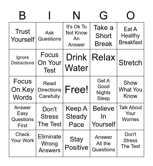 Test Taking Strategies Bingo Card