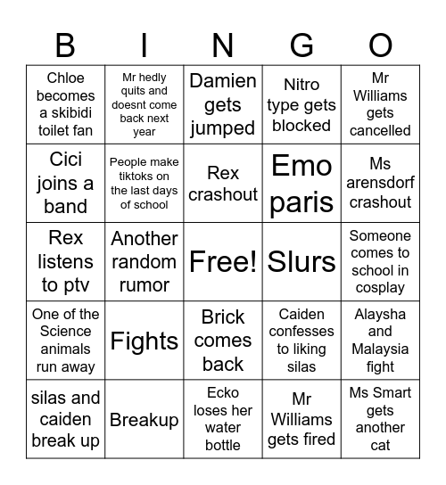 End of school bingo Card