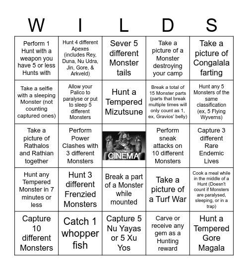 Monster Hunter Wilds 60 Minute Challenge Bingo Card
