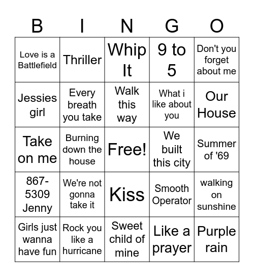 80's music bingo Card