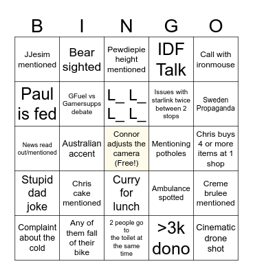 Cyclethon Day 4 Bingo Card
