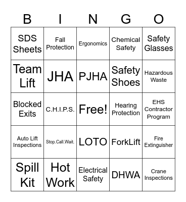 Safety Bingo Card