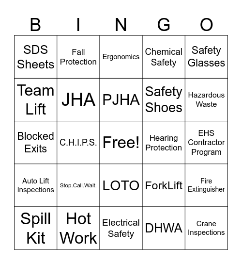 Safety Bingo Card