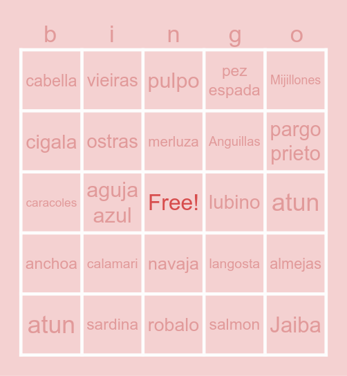 seafood in spanish Bingo Card