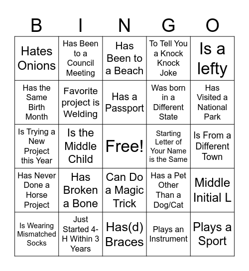 4-H Camp Counselor Bingo Card