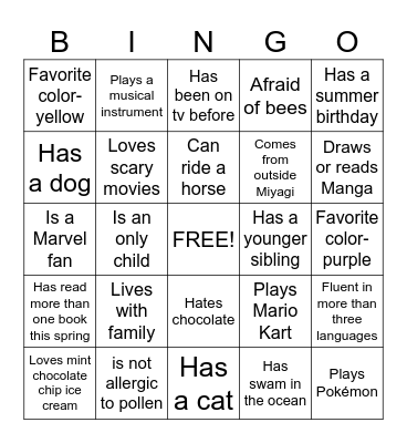 College Icebreaking Bingo Card