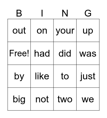 Kindergarten Sight Words Bingo Card