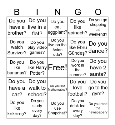 Present Simple Bingo Card