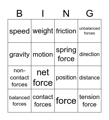 Forces and Motion Bingo Card