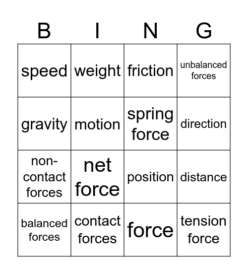 Forces and Motion Bingo Card