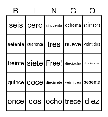 Numbers 1-20 Bingo Card