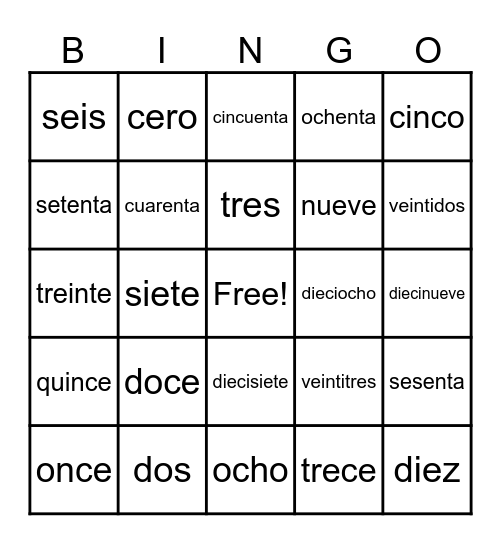 Numbers 1-20 Bingo Card