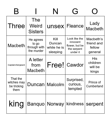 Macbeth Bingo Card