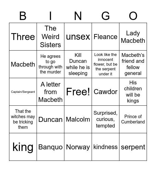 Macbeth Bingo Card