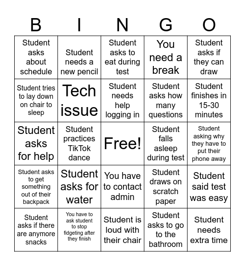 State Testing Bingo Card