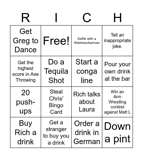 Rich's Stag Bingo Card
