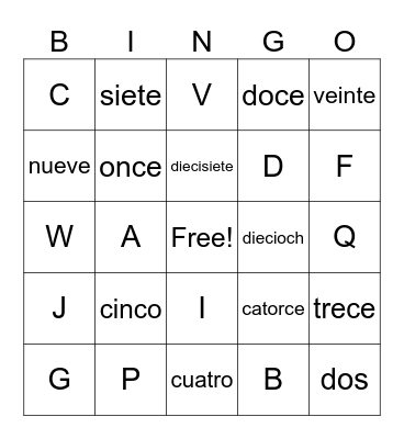Numbers 1-20 Bingo Card