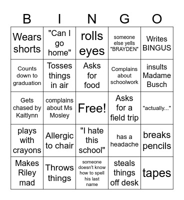 Brayden Bingo Card