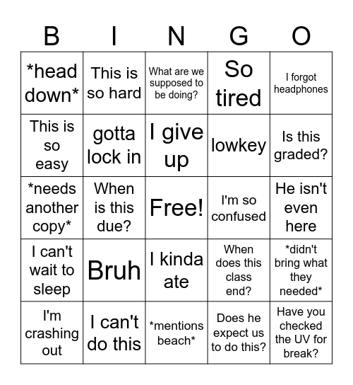 Substitute Bingo Card