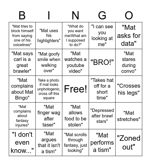 Mat Bingo V2 Bingo Card