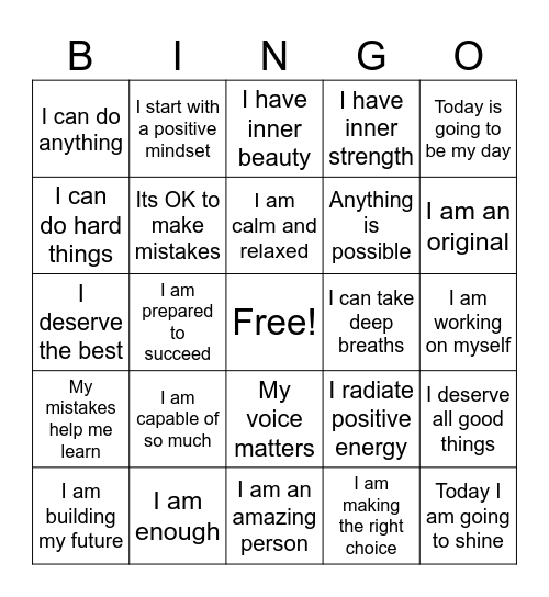 Positive Affirmation Bingo Card
