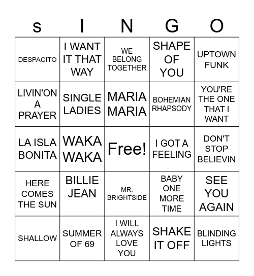 SINGO Bingo Card