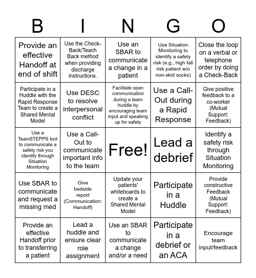 TeamSTEPPS Bingo Card