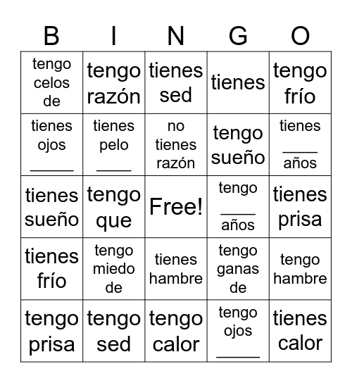 Tener expressions Bingo Card