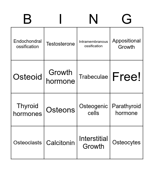 Bone Formation Bingo Card