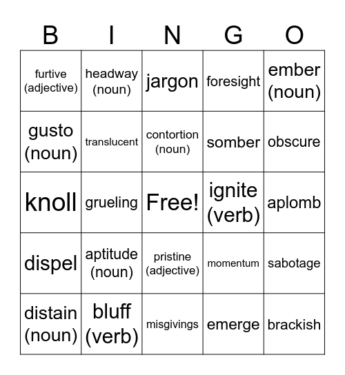 Vocabulary 5,6,7, and 8 Bingo Card