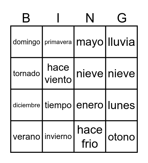 Spanish Bingo Card