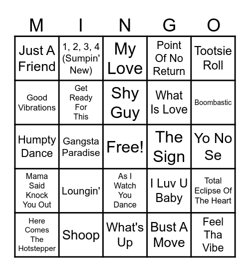 90's Dance Party 2 Bingo Card