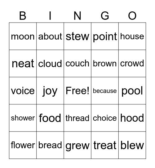 Dipthongs and Digraphs Bingo Card