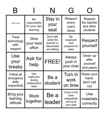 Class Rules and Expectations Bingo Card