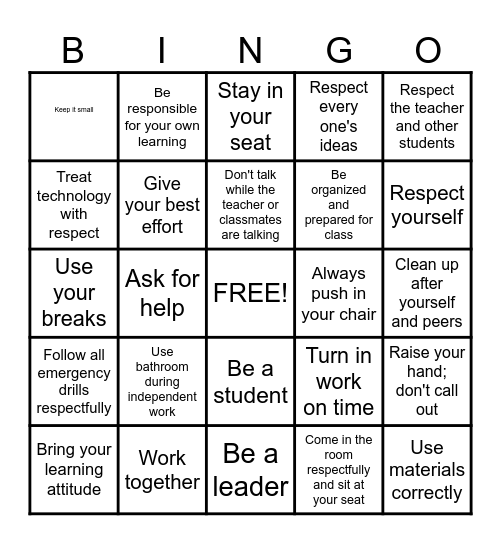 Class Rules and Expectations Bingo Card
