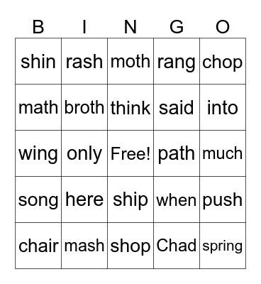 digraphs Bingo Card