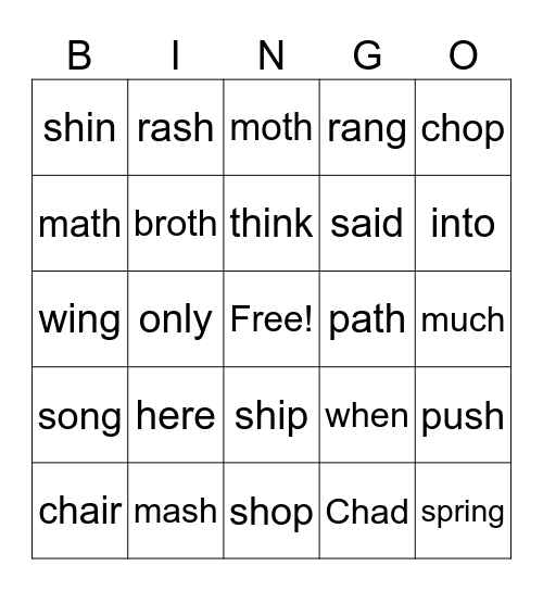 digraphs Bingo Card
