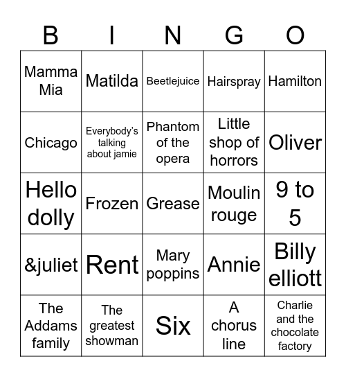 MUSICALS Bingo Card