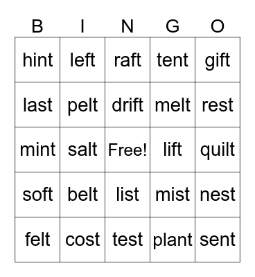 Ending T Blends Bingo Card