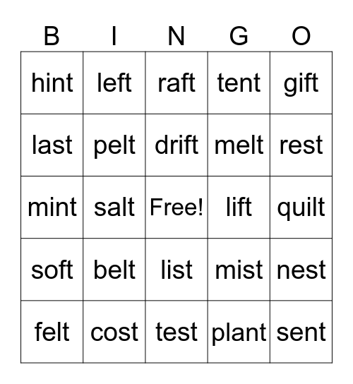 Ending T Blends Bingo Card