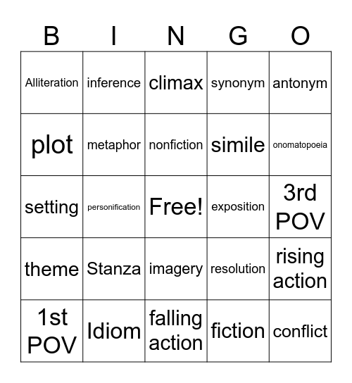 English Vocabulary Bingo Card