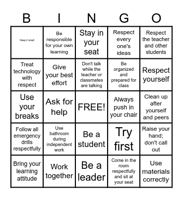 Class Rules and Expectations Bingo Card