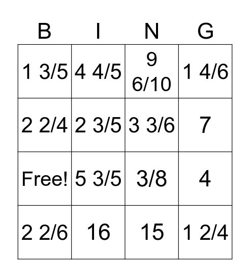 Addition and Subtraction of Mixed Numbers Bingo Card