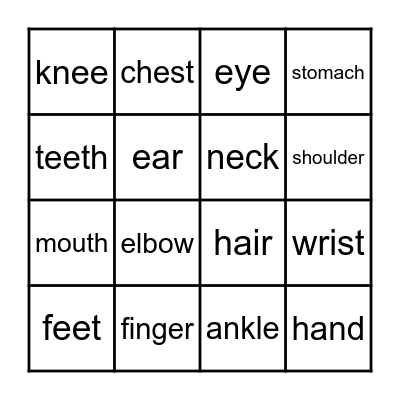 BODY PARTS - words only Bingo Card