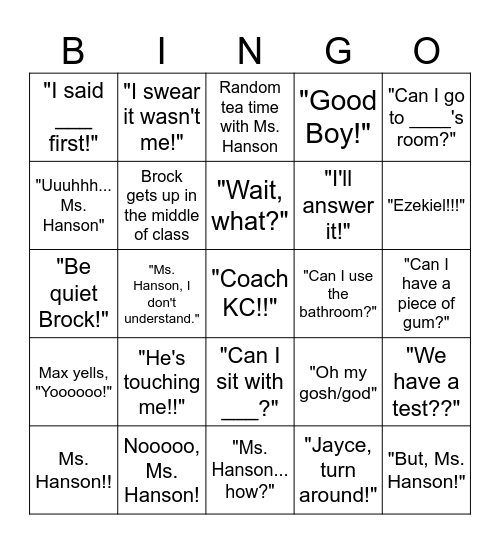 Ms. Hanson's 5th Period Bingo Card