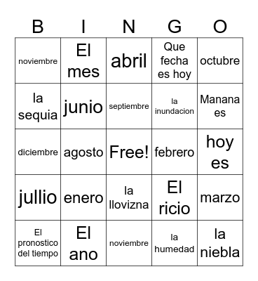 Spanish Vocab Bingo Card