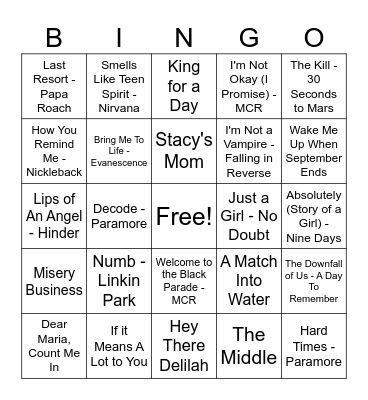 Kai's emo night Bingo Card