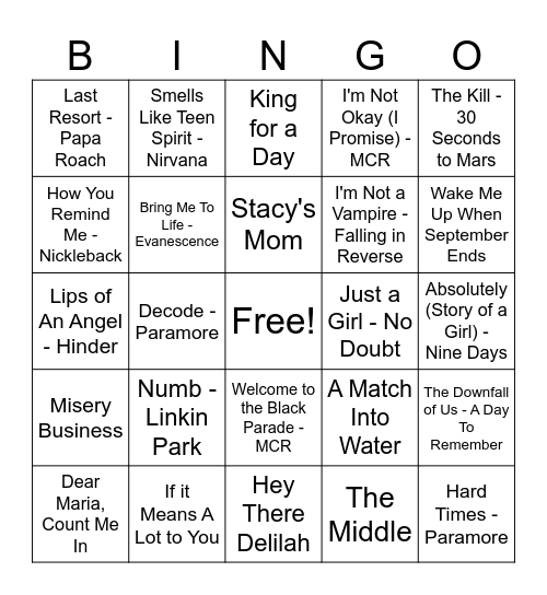 Kai's emo night Bingo Card
