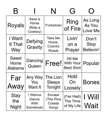 Sing Along Songs 2.0 Bingo Card