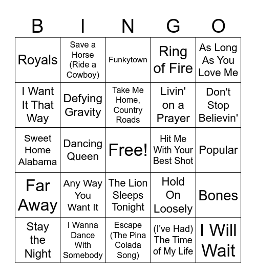 Sing Along Songs 2.0 Bingo Card